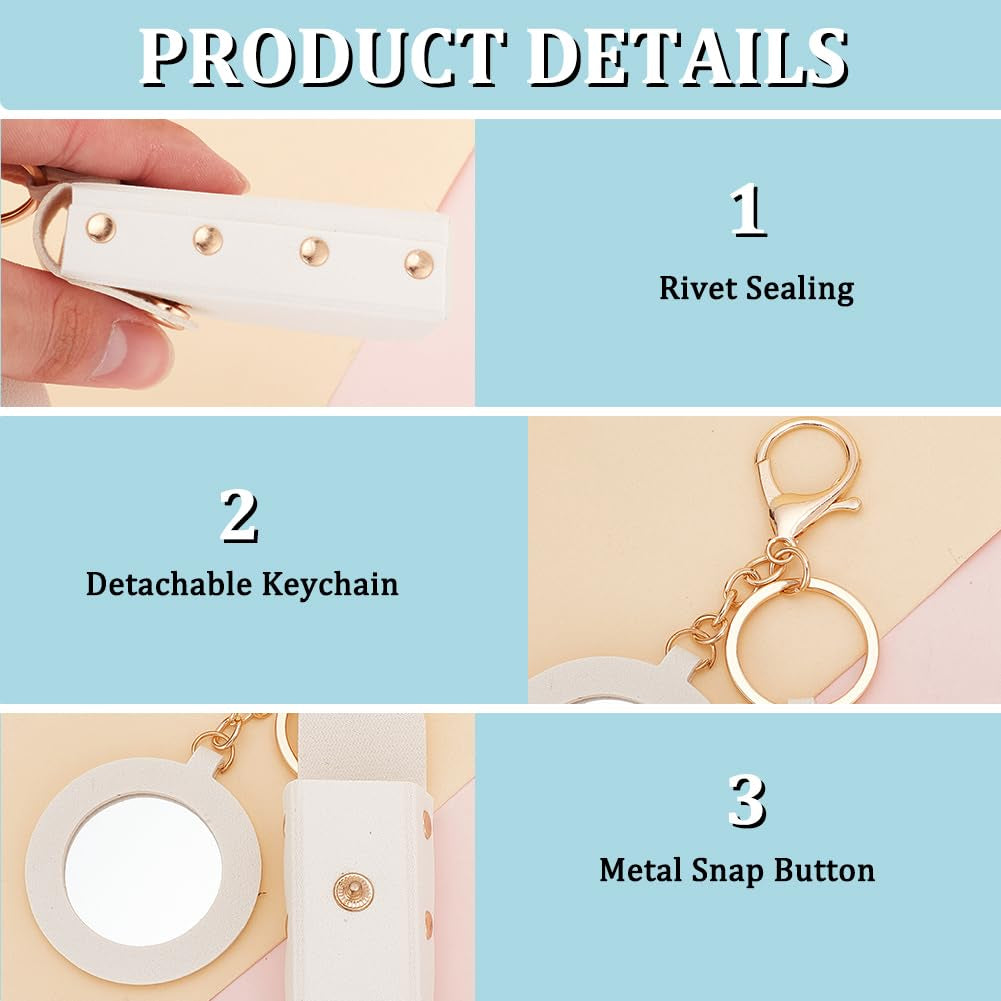 2Pcs PU Leather Lipstick Sleeves with round Mirror, Portable Lipstick Keychain Holder Snap-On Lip Balm Organizer Case Mini Travel Lipstick Cosmetics Holder for Women Ladies, White