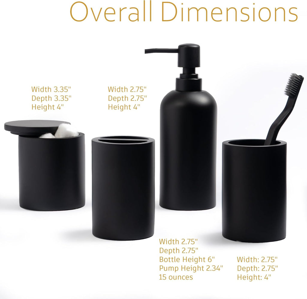 Bathroom Accessory Set - 4 Pcs Matte Black Bathroom Set with Toothbrush Holder, Soap Dispenser, Tumbler & Cotton Swab Jar - Bathroom Vanity Countertop Organizer, Bathroom Decor Sets