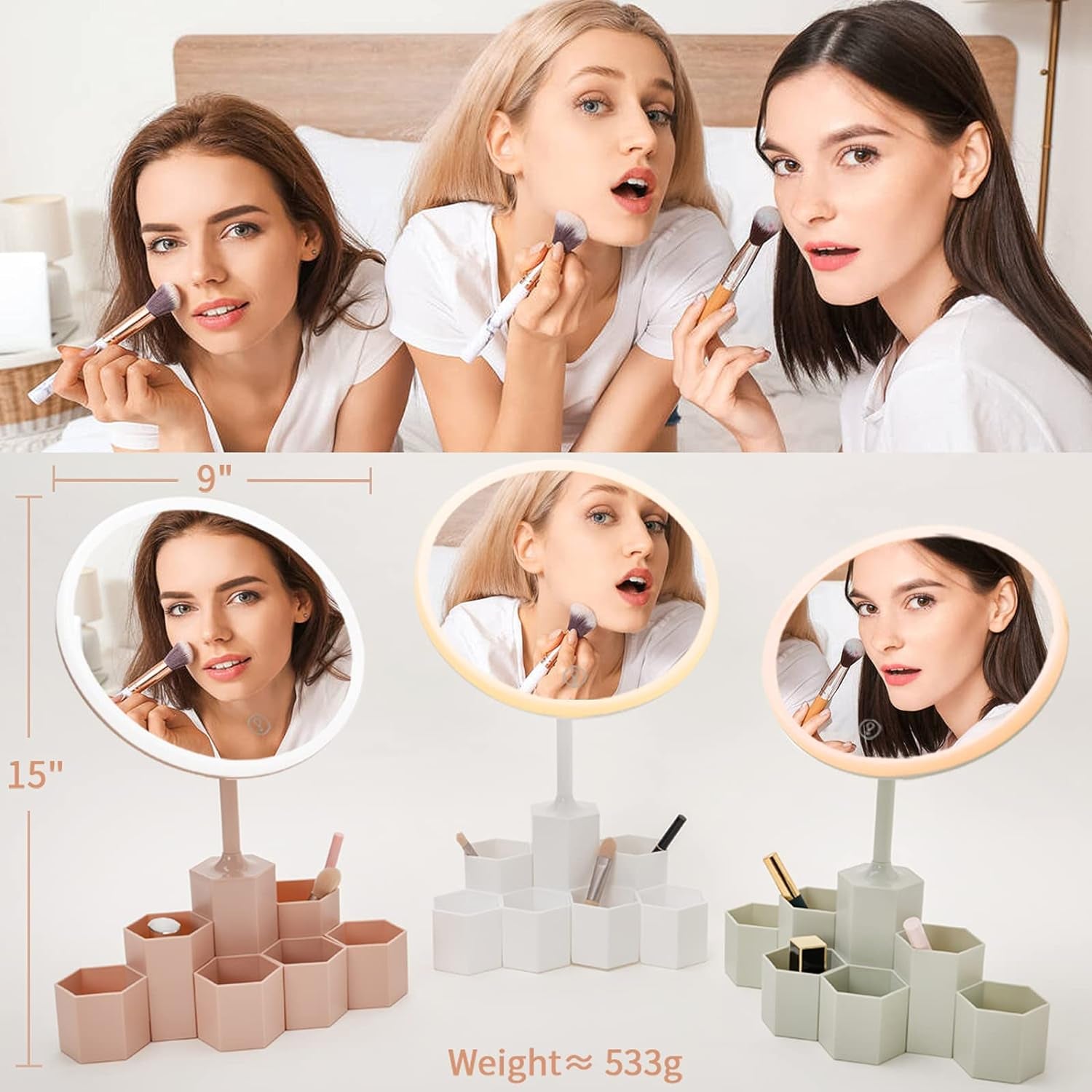 Lighted Table Makeup Mirror with LED Lights, Portable Vanity Desk Mirror with 10X Magnifying，Rechargeable Smart Cosmetic Mirror,White