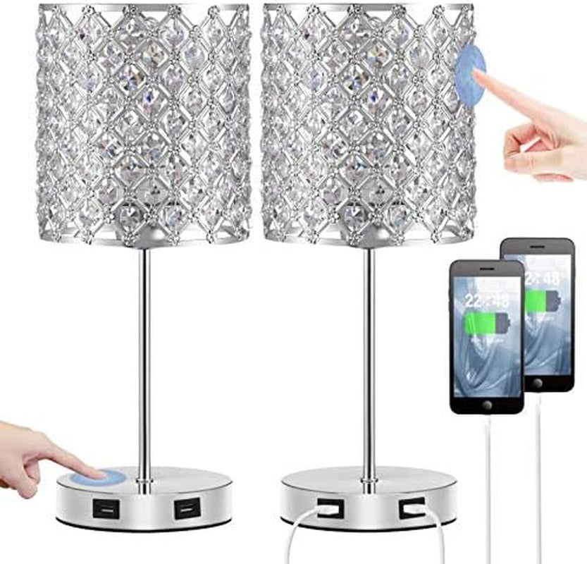 Set of 2 Touch Table Lamp, Sliver Crystal Lamp Set of 2, 3 Way Dimmable Bedside Lamps with Dual USB Ports, Nightstand Lamps for Bedrooms Desk Light for Girl Room, Living Room(Included 2 Bulbs)…