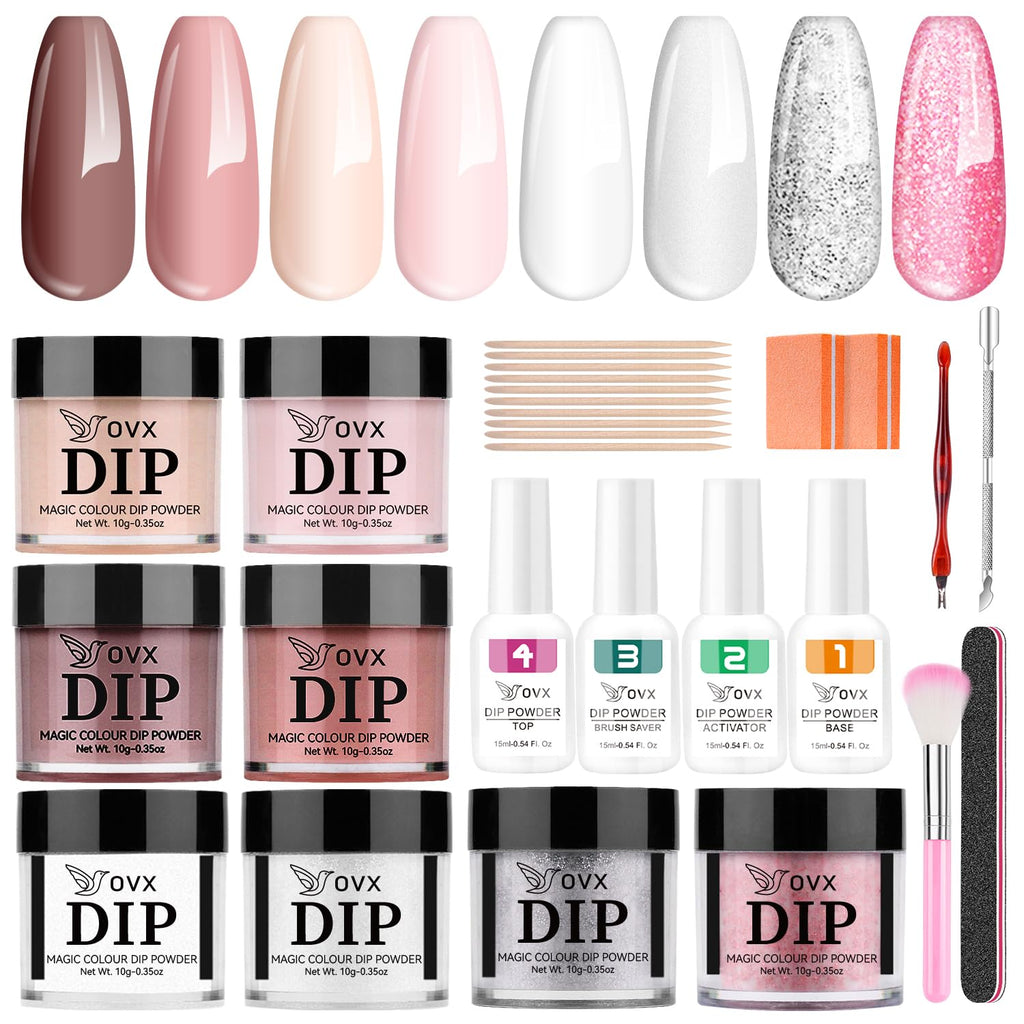 Dip Powder Nail Kit - 8 Colors Starter Set with Liquid, Recycling Tray for Beginners, Home and Salon Manicure Art