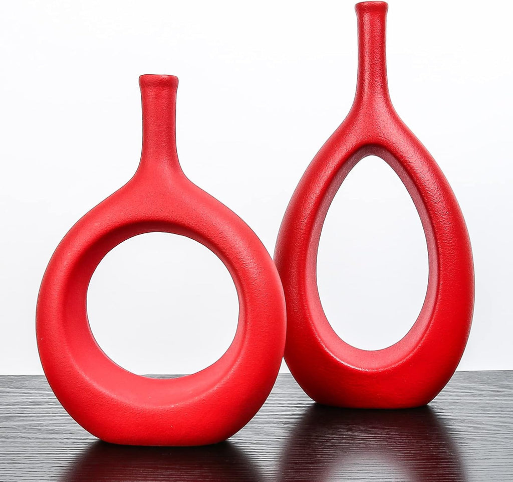 Samawi Red Ceramic Vase Set of 2 - Flower Bud Vases for Home Decor - Modern Living Room Table Decorative Vases