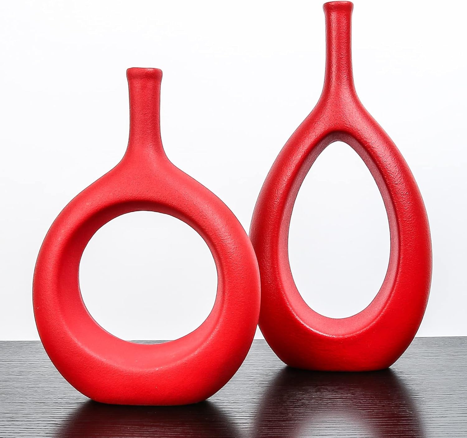 Samawi Red Ceramic Vase Set of 2 - Flower Bud Vases for Home Decor - Modern Living Room Table Decorative Vases