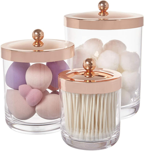 3-Pack Premium Quality Qtip and Cotton Ball Holders | 15-Oz to 60-Oz Clear Plastic Apothecary Jars with Matte Rose Gold Lids | Perfect Containers for Bathroom and Vanity
