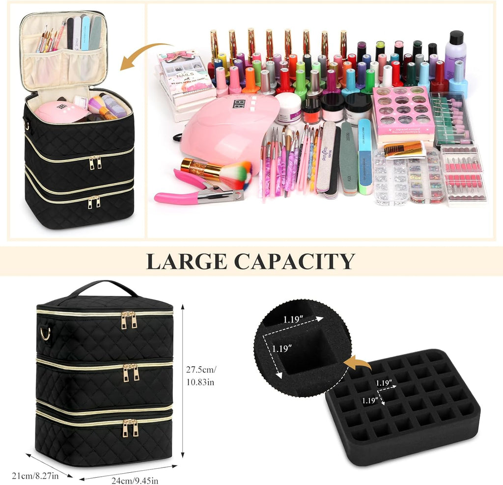 Nail Polish Organizer Case, 3 Layers Nail Polish Case with Dividers,Detachable Nail Polish Organizer Bag Holds 60 Nail Polish Bottles and a Nail Lamp,Nail Bag for Nail Tech Supplies