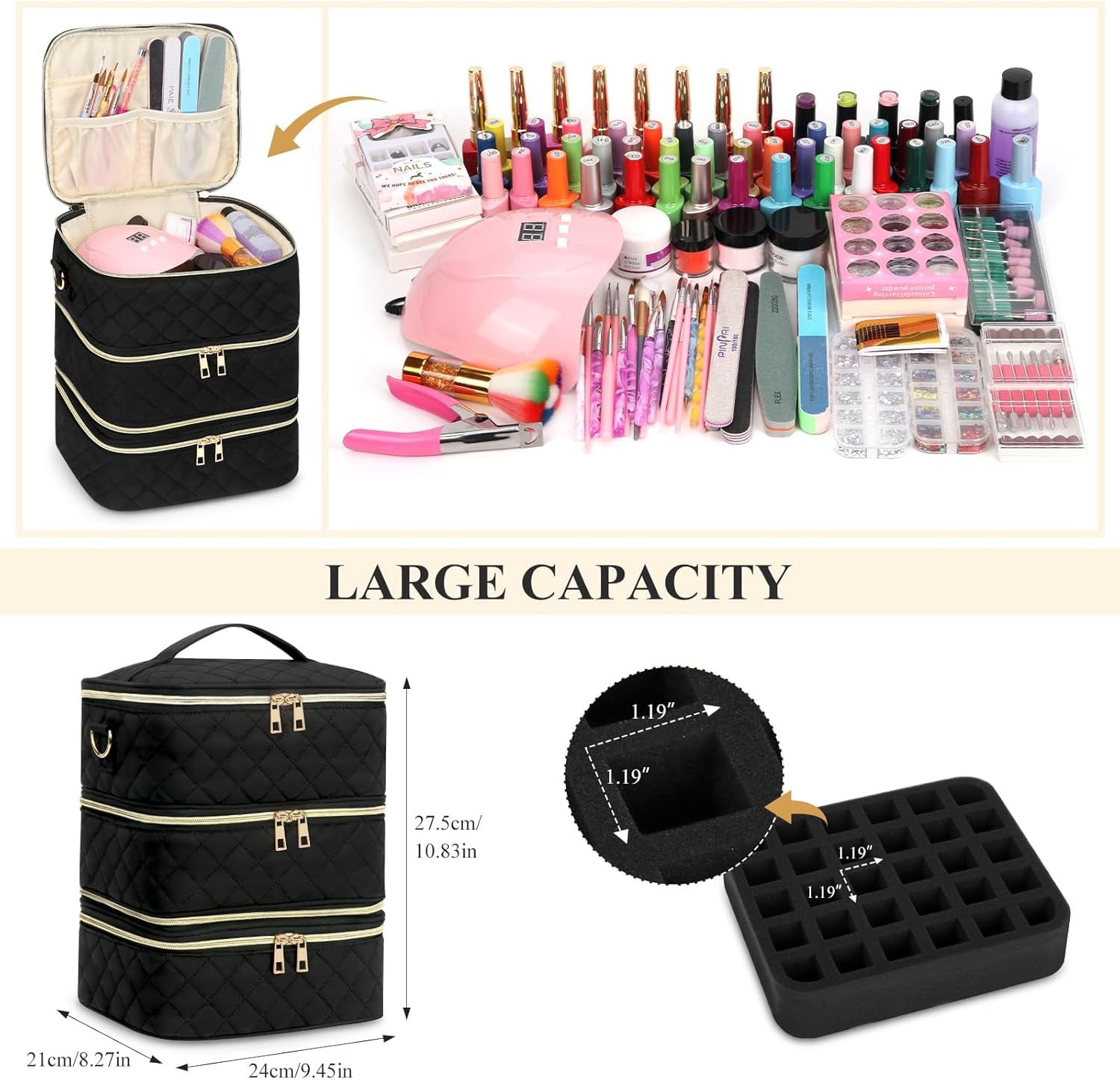 Nail Polish Organizer Case, 3 Layers Nail Polish Case with Dividers,Detachable Nail Polish Organizer Bag Holds 60 Nail Polish Bottles and a Nail Lamp,Nail Bag for Nail Tech Supplies