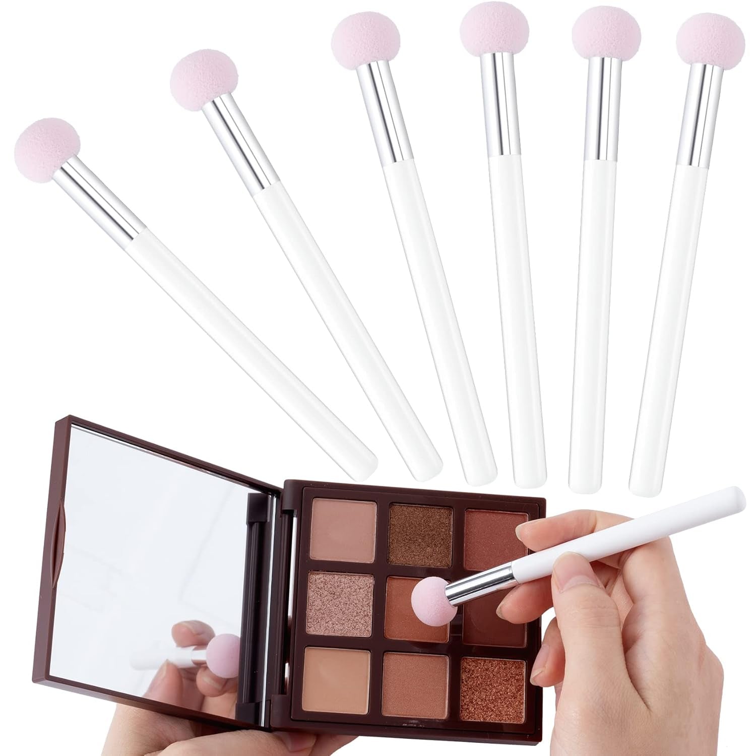 6Pcs Sponge Makeup Applicator with Handle, Sponge Eyeshadow Applicators Makeup, Eyeshadow Sponge Brush, Cotton Eye Makeup Eyeshadow Brushes for Women Girls (4.5 Inch Long) Washable