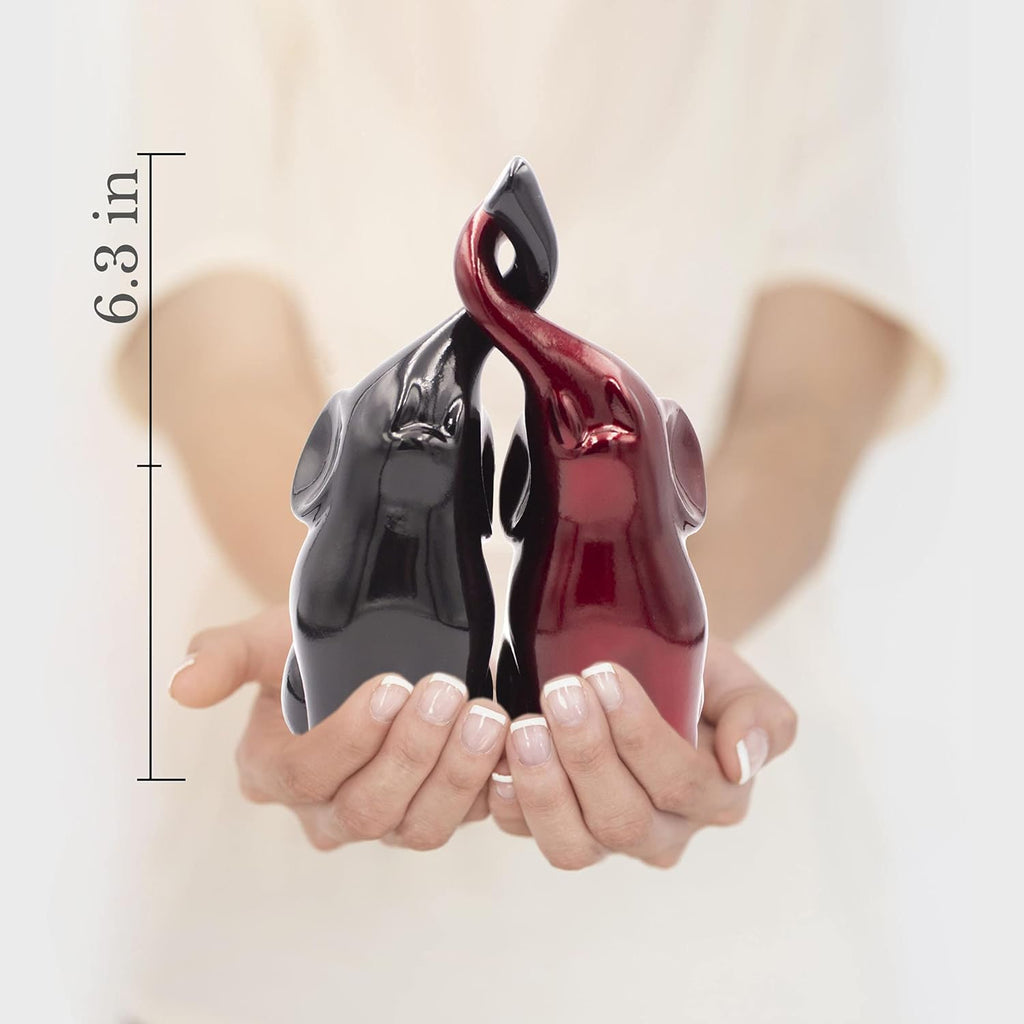Black and Red Trunk-Up Elephant Pair Statues - Polystone Decor Figurines - Un Par De Elefantes Para Decoracion Casa