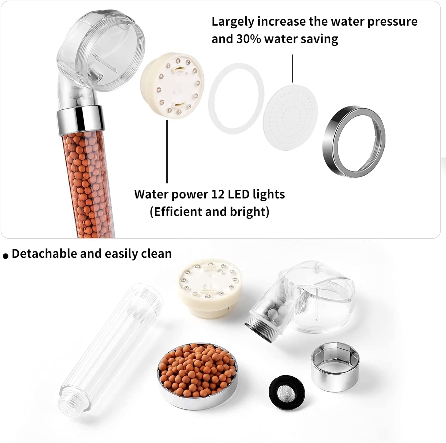 LED Shower Heads with 3 Color Changing - Filtered Shower Head with Temperature Controlled, High Pressure Shower Heads with Hose and Bracket