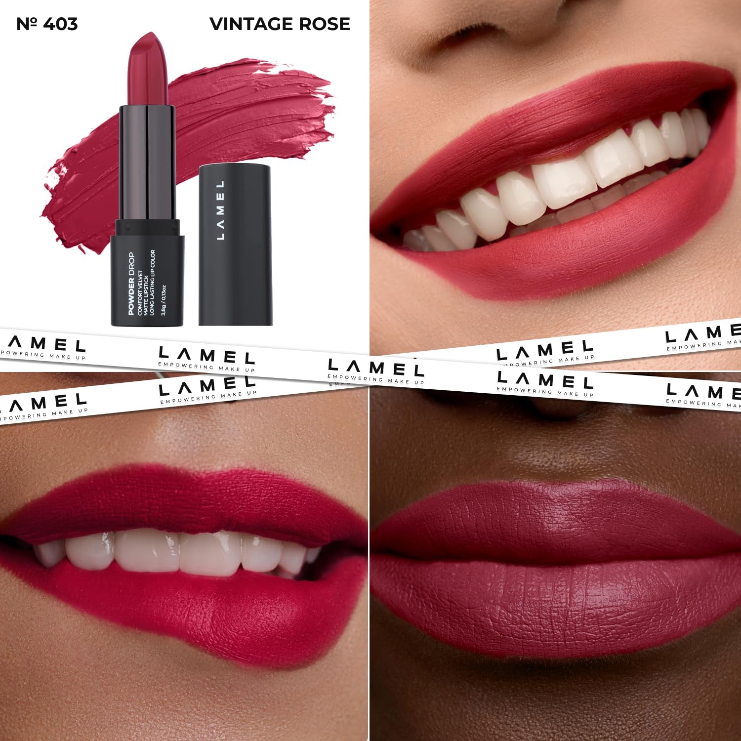 Powder Drop Lipstick Long Lasting Matte Lipstick with Creamy & Hydrating Formula, Buildable Finish Vintage Rose
