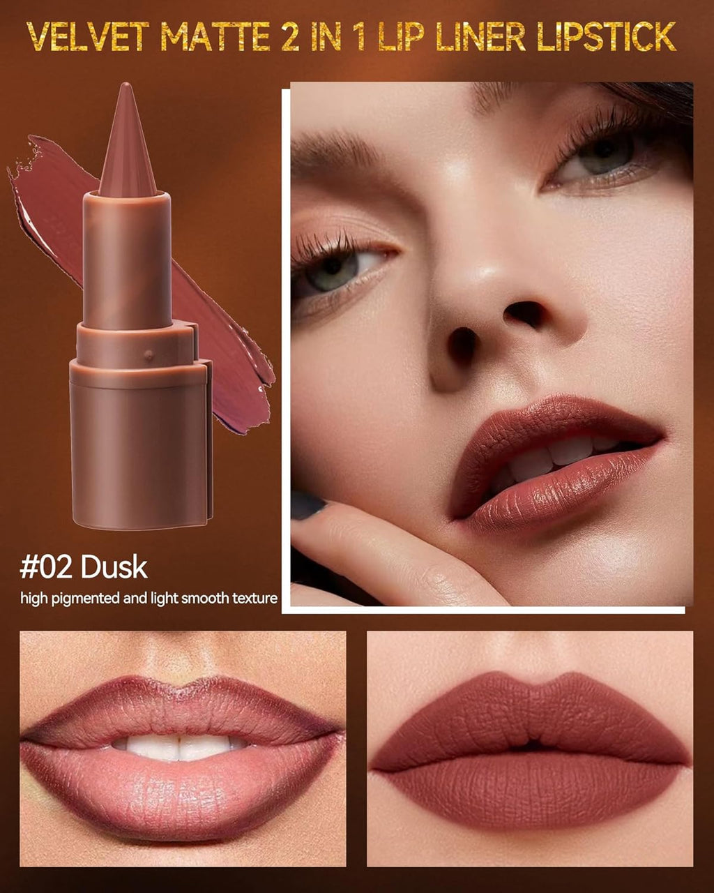 2 in 1 Lip Liner Lipstick, Dusk Brown Lipliner Lipgloss,Velvet Matte Sharpened Head Tint Lipstain,Long Lasting Waterproof,Highly Pigmented Tinted Lip Balm, Christmas Makeup Gift for Women Girl-02