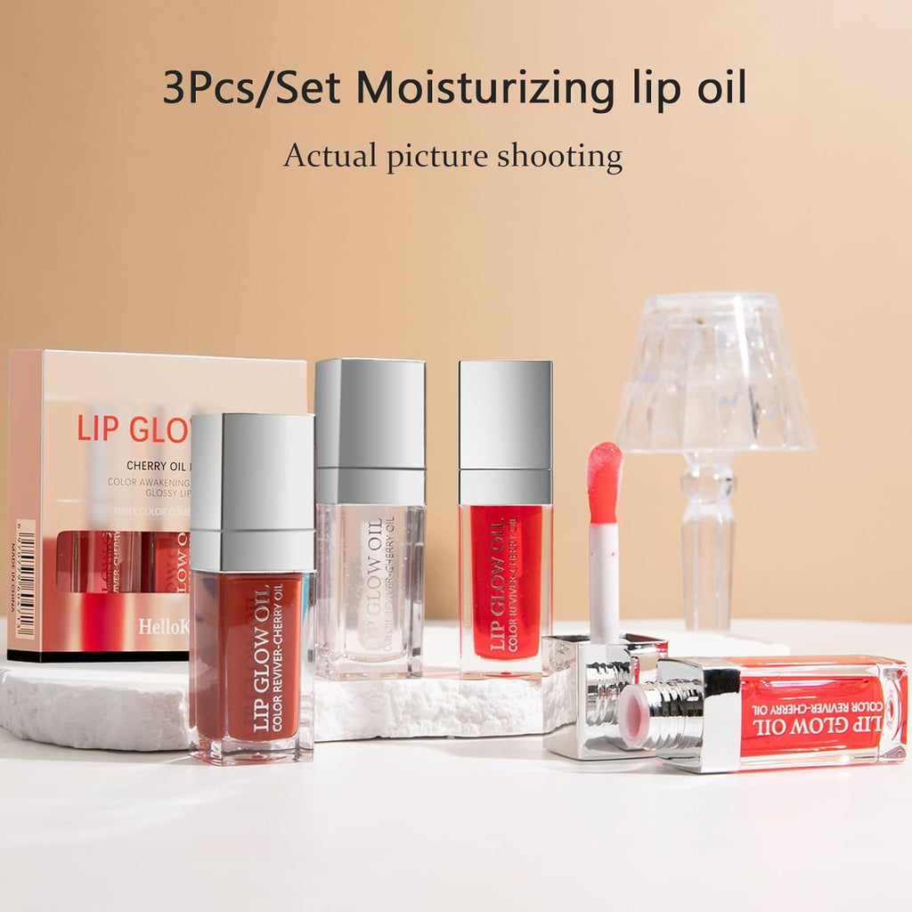 3 Colors Tinted Plumping Lip Oil Gloss Set, Fat Lip Oil Drip Lip Glow Oil,Ultra-Hydrating & Nourishing Lip Care Lip Tint, Smooth Glossy Shiny Transparent Lip Gloss Plumping Lip Care(Set A)