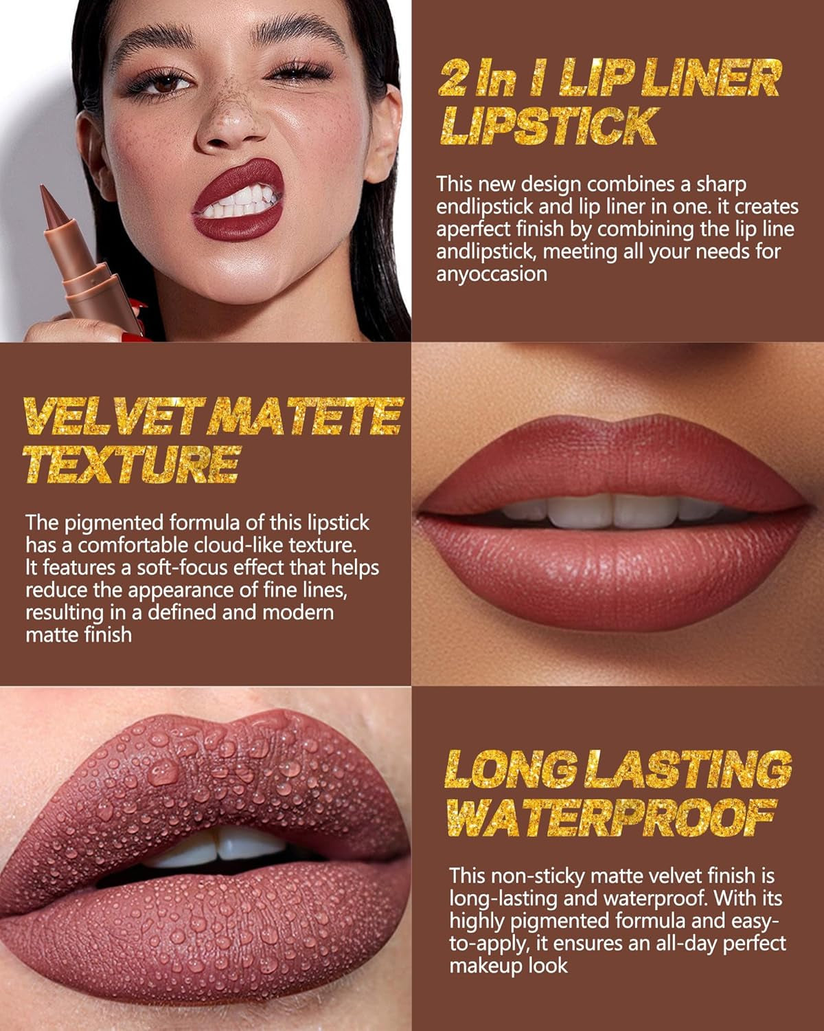 2 in 1 Lip Liner Lipstick, Dusk Brown Lipliner Lipgloss,Velvet Matte Sharpened Head Tint Lipstain,Long Lasting Waterproof,Highly Pigmented Tinted Lip Balm, Christmas Makeup Gift for Women Girl-02