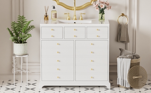 36'' Bathroom Vanity with Ceramic Sink Combo, Solid Wood Frame