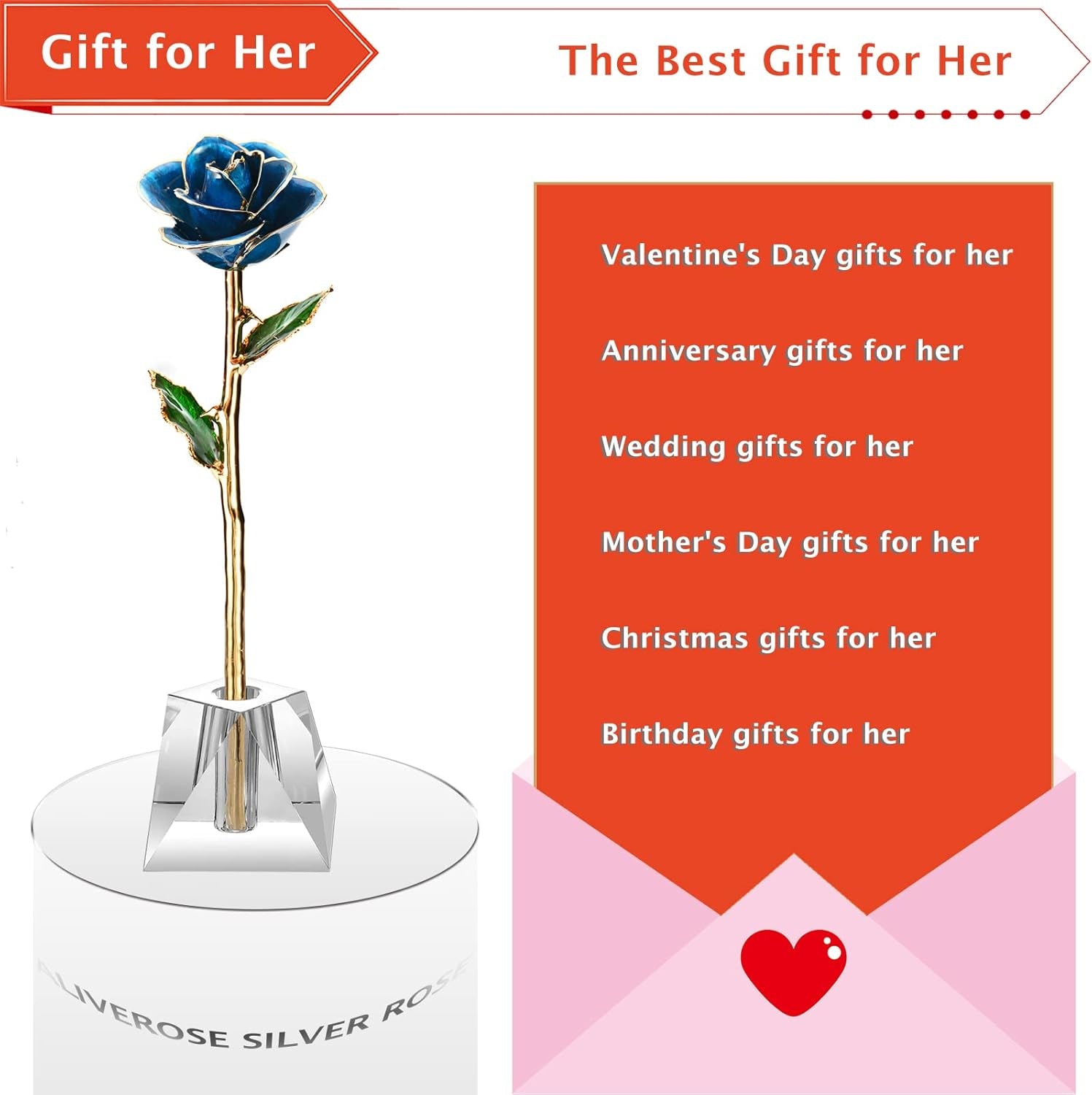 24K Gold Rose in Dipped,24K Gold Real Rose Gift for Her, Long Stem Rose Made from Real Gold Rose for Anniversary Valentines Mothers Day Birthday (Deep Blue with Crystal Vase)