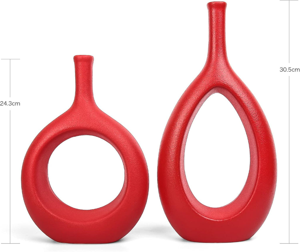 Samawi Red Ceramic Vase Set of 2 - Flower Bud Vases for Home Decor - Modern Living Room Table Decorative Vases