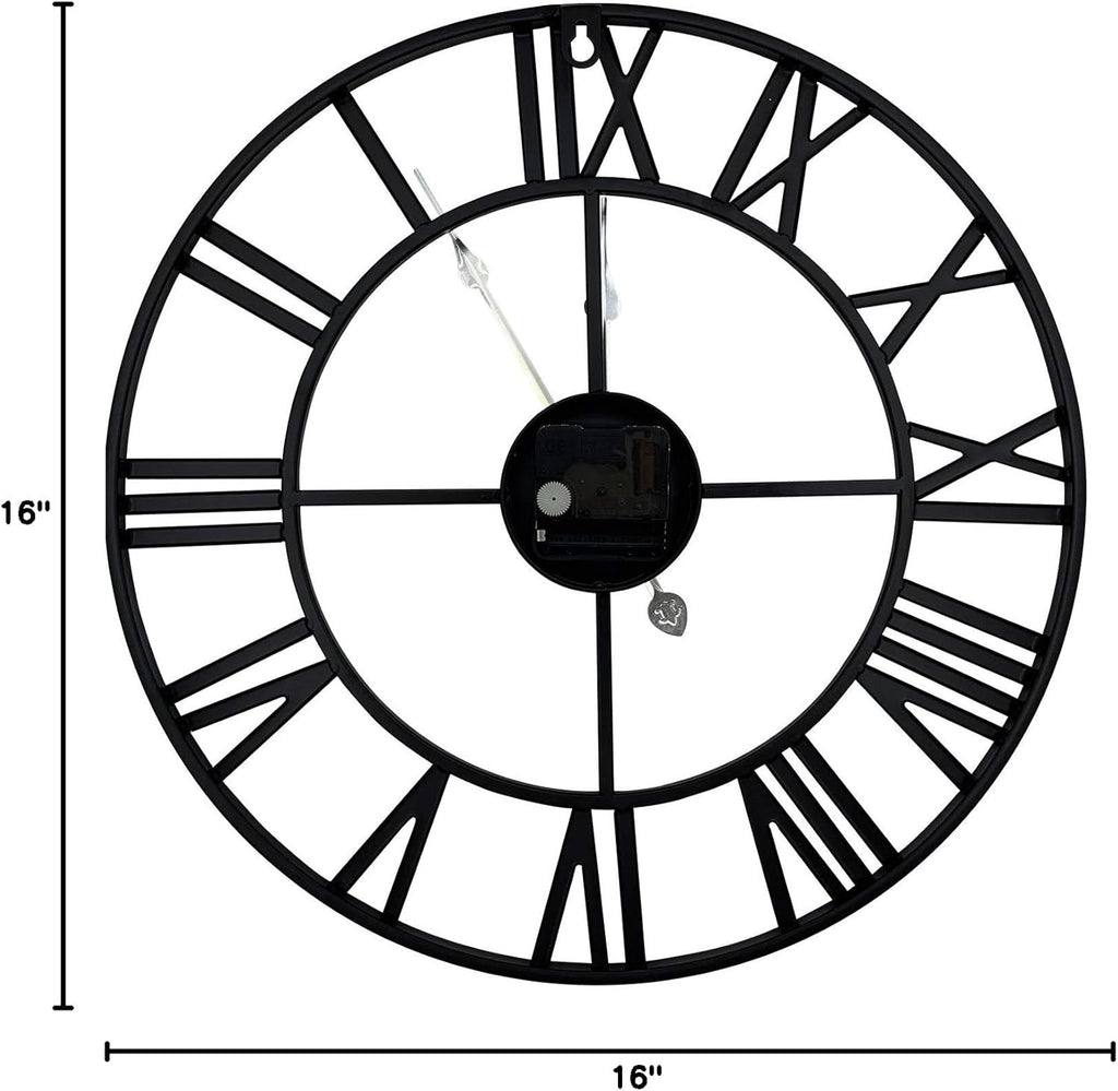 16" Wall Clocks, Large Modern Metal round Silent Clocks, Roman Numeral Indoor Decorative Clocks for Living Room Kitchen Bedroom Office Farmhouse (Black)