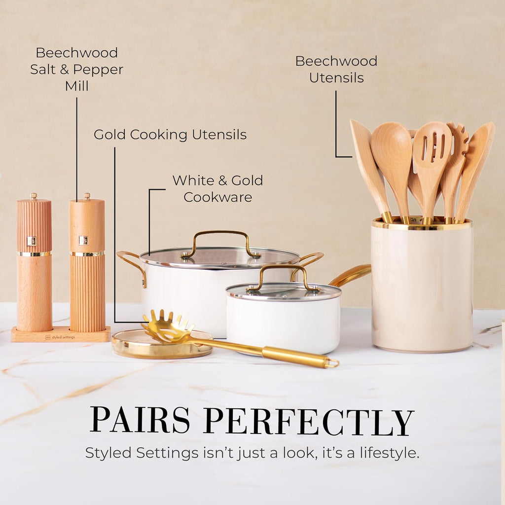 Beige Utensil Holder - Large Ceramic Utensil Crock for Kitchen Counter – Stylish Cooking Utensil Storage & Gold Spoon Rest – Kitchen Organization & Farmhouse Décor