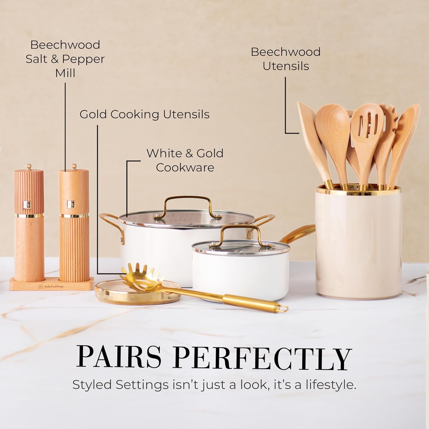 Beige Utensil Holder - Large Ceramic Utensil Crock for Kitchen Counter – Stylish Cooking Utensil Storage & Gold Spoon Rest – Kitchen Organization & Farmhouse Décor