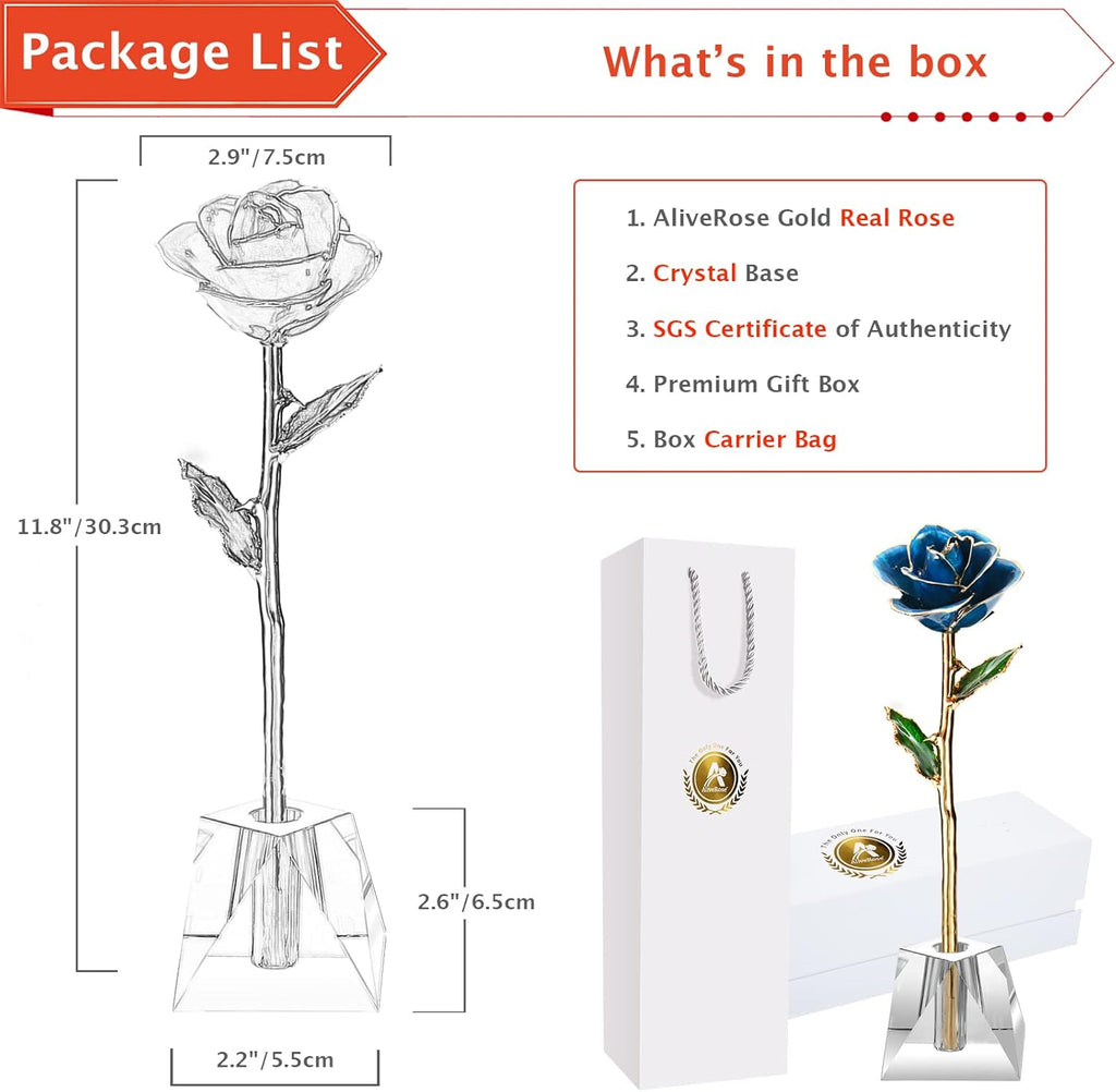24K Gold Rose in Dipped,24K Gold Real Rose Gift for Her, Long Stem Rose Made from Real Gold Rose for Anniversary Valentines Mothers Day Birthday (Deep Blue with Crystal Vase)