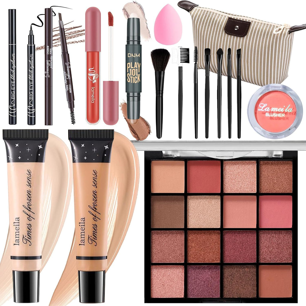 Makeup Set for Girls & Women, Full Face Kit, Travel Kit, Present Set, Eyeshadow, Foundation, Blusher, Eyeliner, Lip Gloss, Makeup Brushes & Sponge Bag