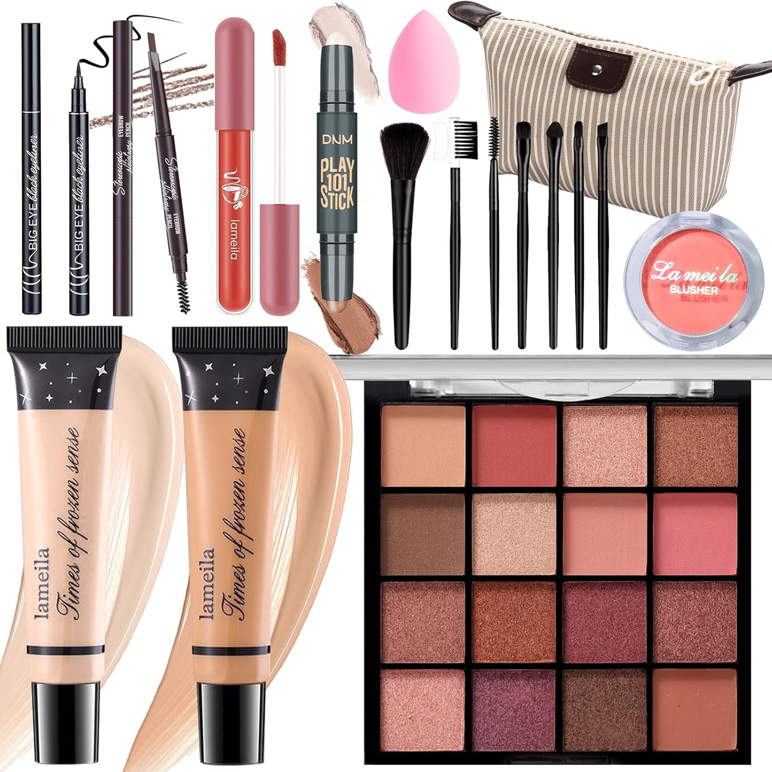 Makeup Set for Girls & Women, Full Face Kit, Travel Kit, Present Set, Eyeshadow, Foundation, Blusher, Eyeliner, Lip Gloss, Makeup Brushes & Sponge Bag