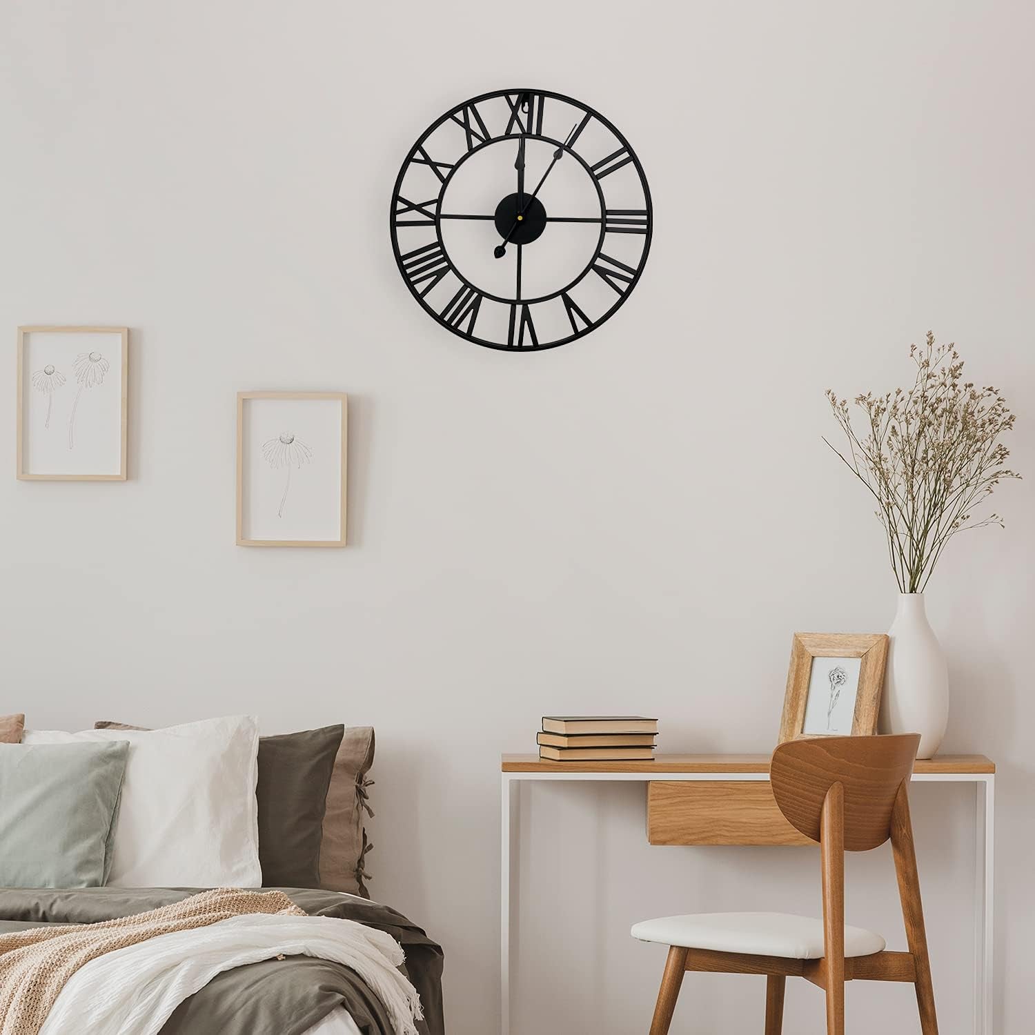 16" Wall Clocks, Large Modern Metal round Silent Clocks, Roman Numeral Indoor Decorative Clocks for Living Room Kitchen Bedroom Office Farmhouse (Black)