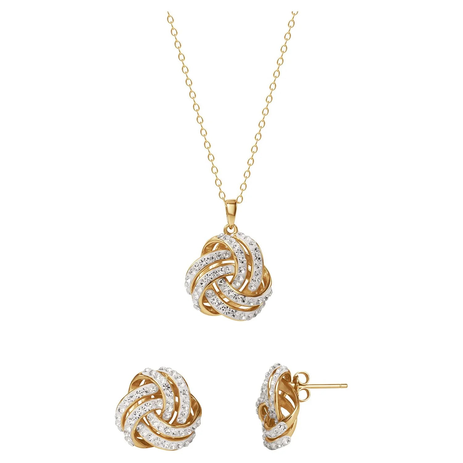 Fine Women'S Love Knot 18K Gold Crystal Pendant and Earring Set