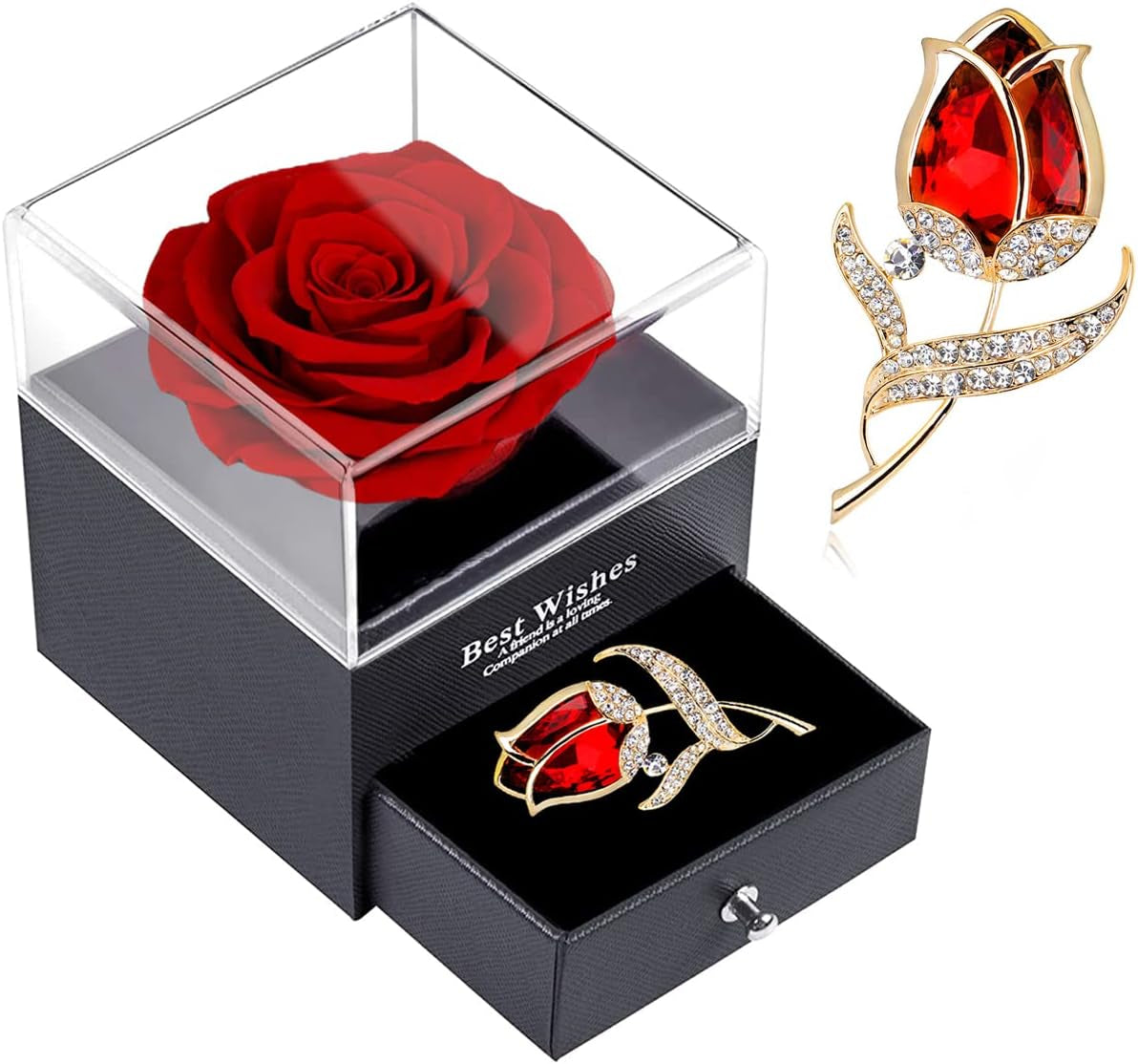 Preserved Red Rose Gift Box- Enchanted Real Roses with Ruby Brooch, Eternal Rose Flower in Jewelry Box, Handmade Rose,Forever Red Rose Gift for Her on Christmas Mother'S Day, Anniversary.