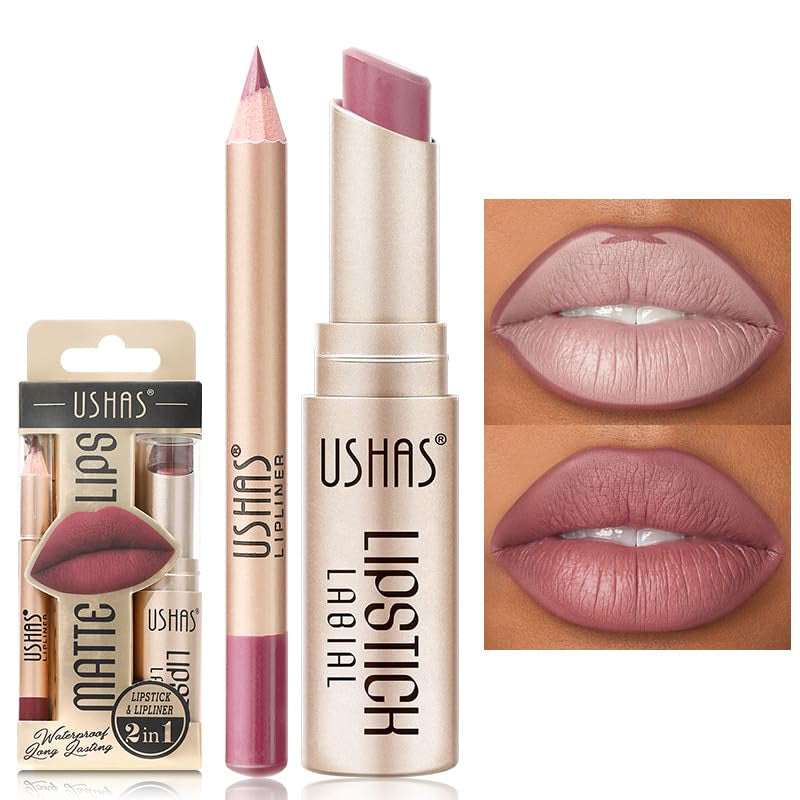 2 in 1 Waterproof Lipstick Combo Set - Long Lasting Matte Lipstick Pen with Lip Liner - Makeup Kit (G5, Pack of 1)