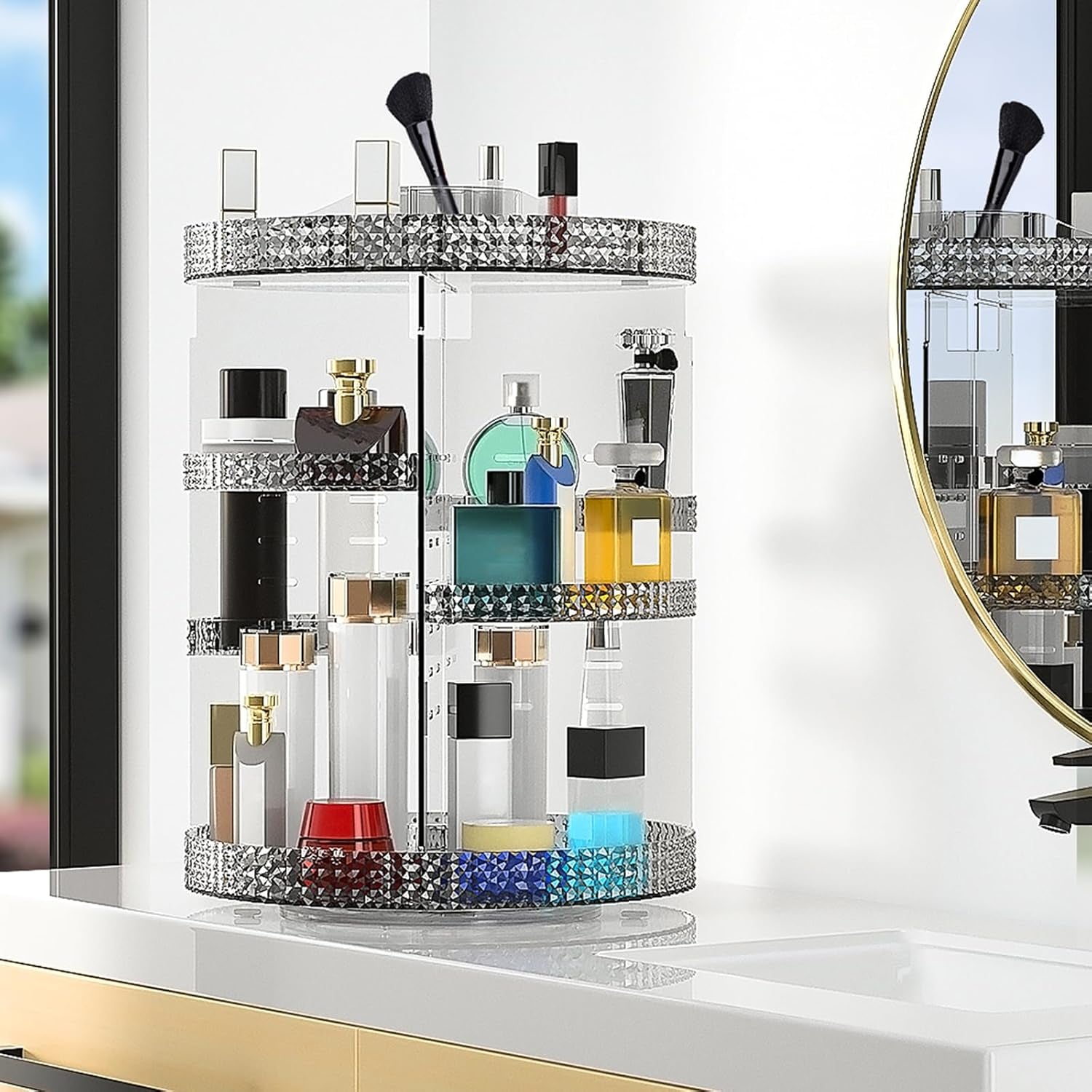 360 Degree Rotating Makeup Organizer, Extra Large Capacity Cosmetic Storage Unit, Removable DIY 7 Layers Skincare Organizer, Acrylic Beauty Perfume Organizer for Vanity Countertop (Gray)