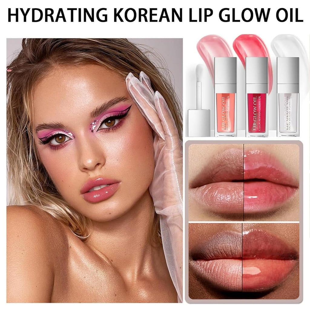 3 Colors Tinted Plumping Lip Oil Gloss Set, Fat Lip Oil Drip Lip Glow Oil,Ultra-Hydrating & Nourishing Lip Care Lip Tint, Smooth Glossy Shiny Transparent Lip Gloss Plumping Lip Care(Set A)