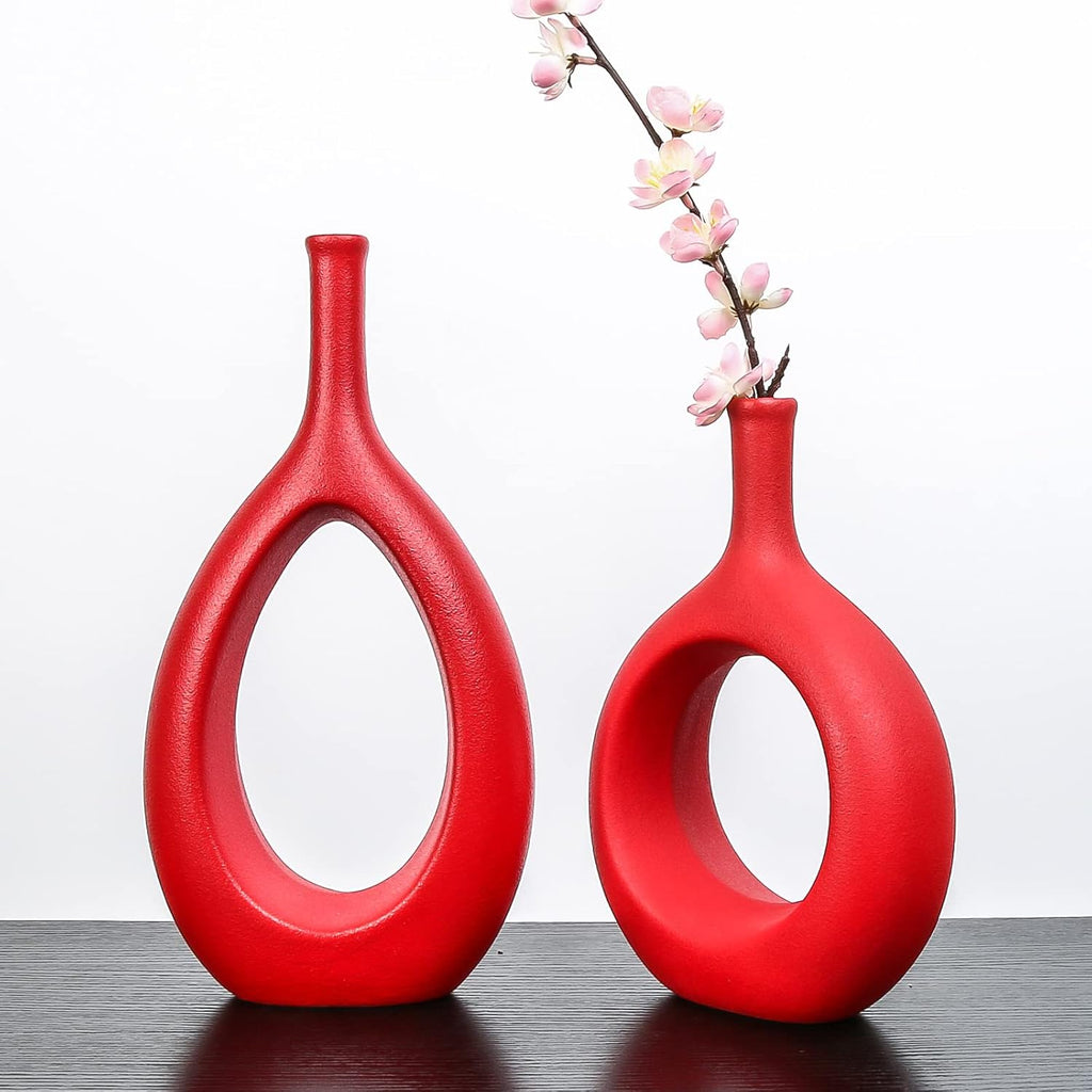 Samawi Red Ceramic Vase Set of 2 - Flower Bud Vases for Home Decor - Modern Living Room Table Decorative Vases