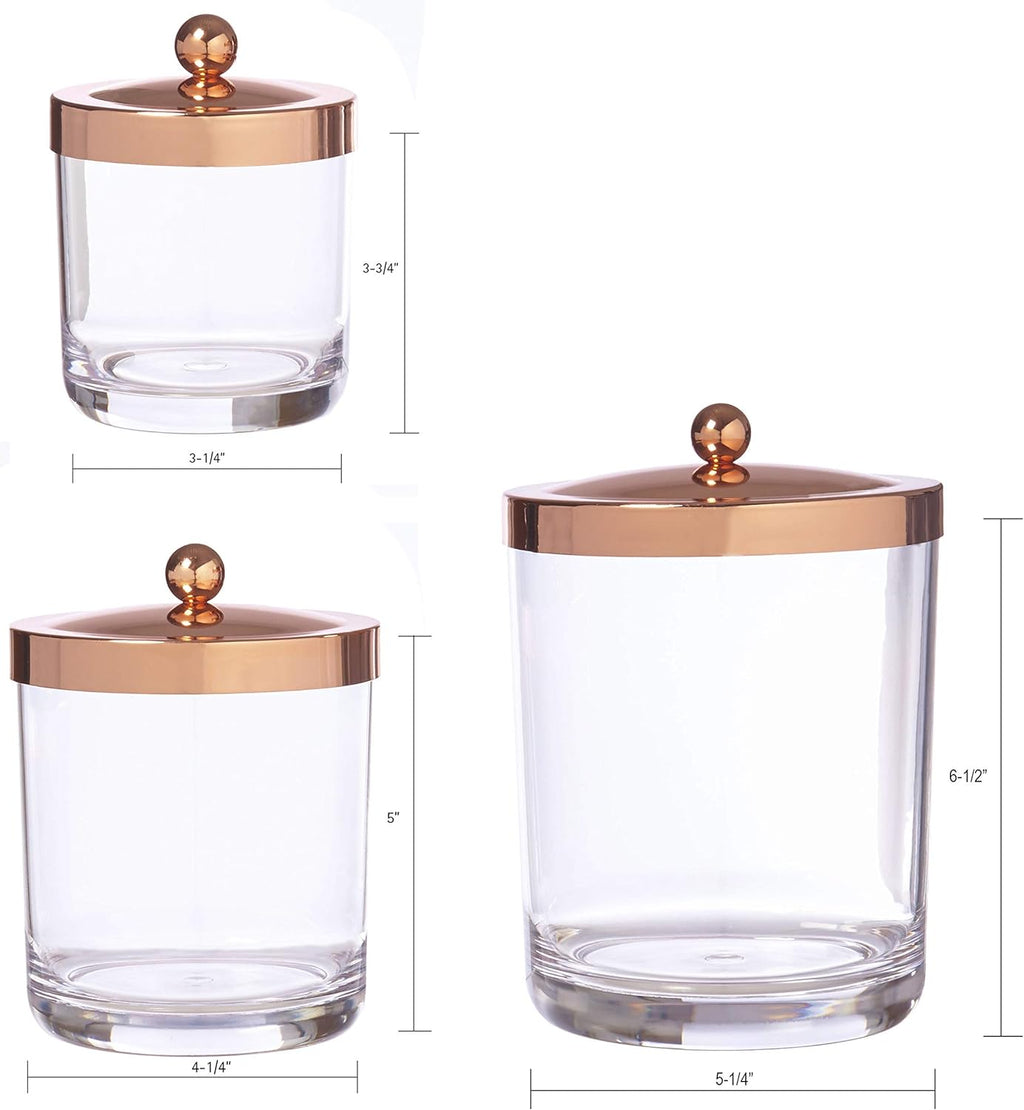 3-Pack Premium Quality Qtip and Cotton Ball Holders | 15-Oz to 60-Oz Clear Plastic Apothecary Jars with Matte Rose Gold Lids | Perfect Containers for Bathroom and Vanity