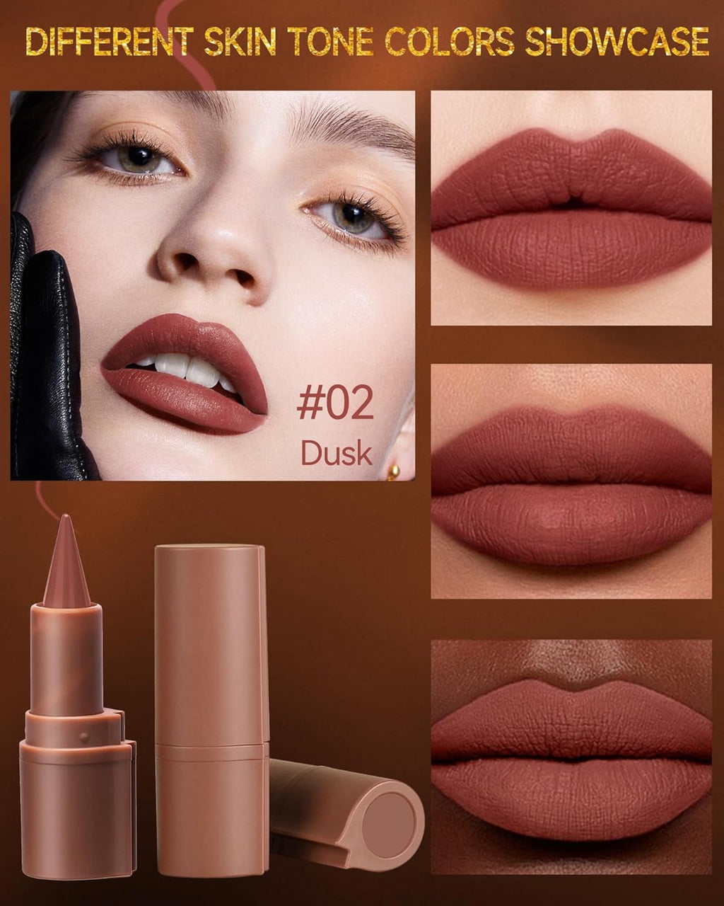 2 in 1 Lip Liner Lipstick, Dusk Brown Lipliner Lipgloss,Velvet Matte Sharpened Head Tint Lipstain,Long Lasting Waterproof,Highly Pigmented Tinted Lip Balm, Christmas Makeup Gift for Women Girl-02