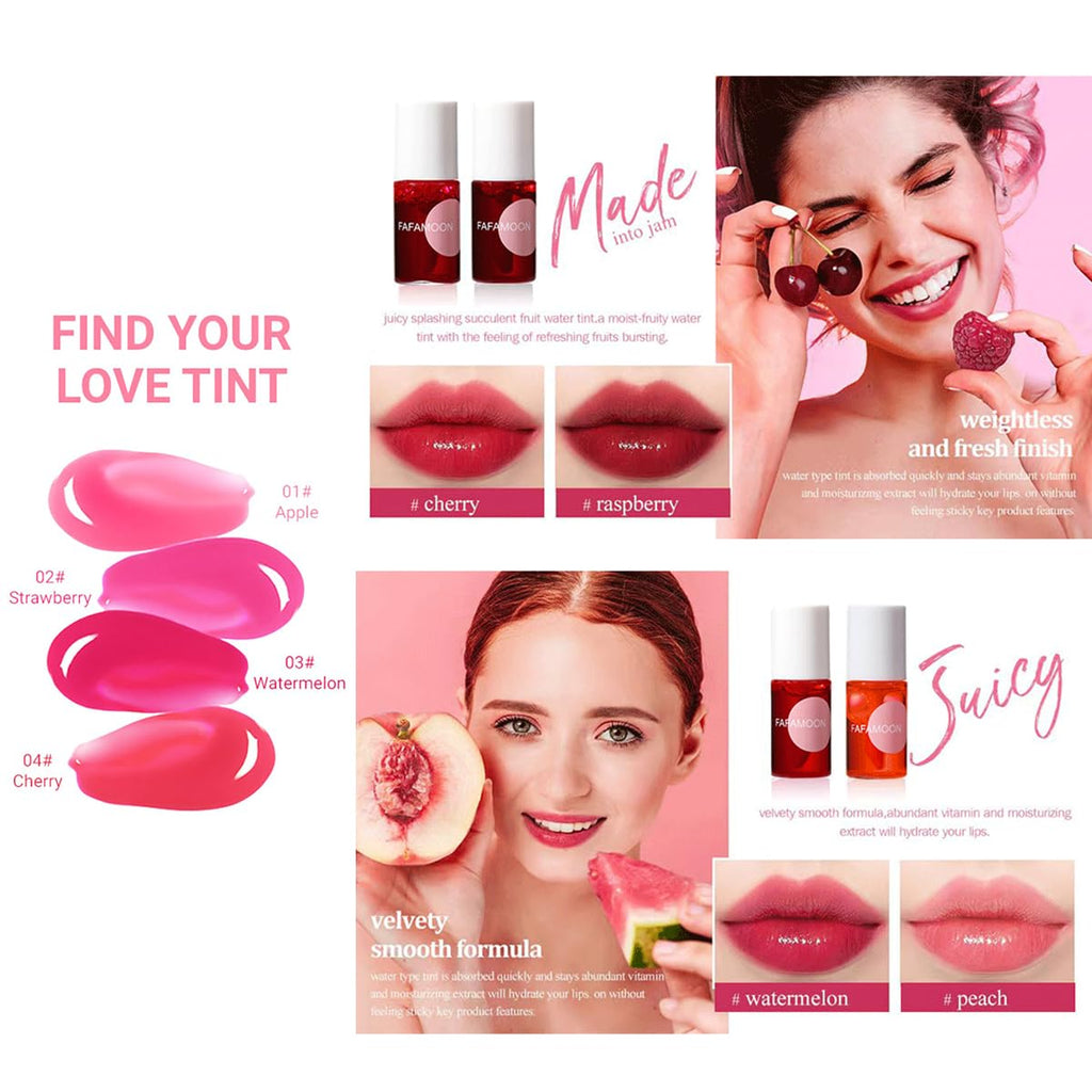 4 Colors Lip Tint Stain Set,Mini Water Lipstick,Korean Lip Gloss Moisturizing Natural,Long Lasting Waterproof,Multi-Use Lip and Cheek Tint(Apple& Strawberry& Watermelon& Cherry)