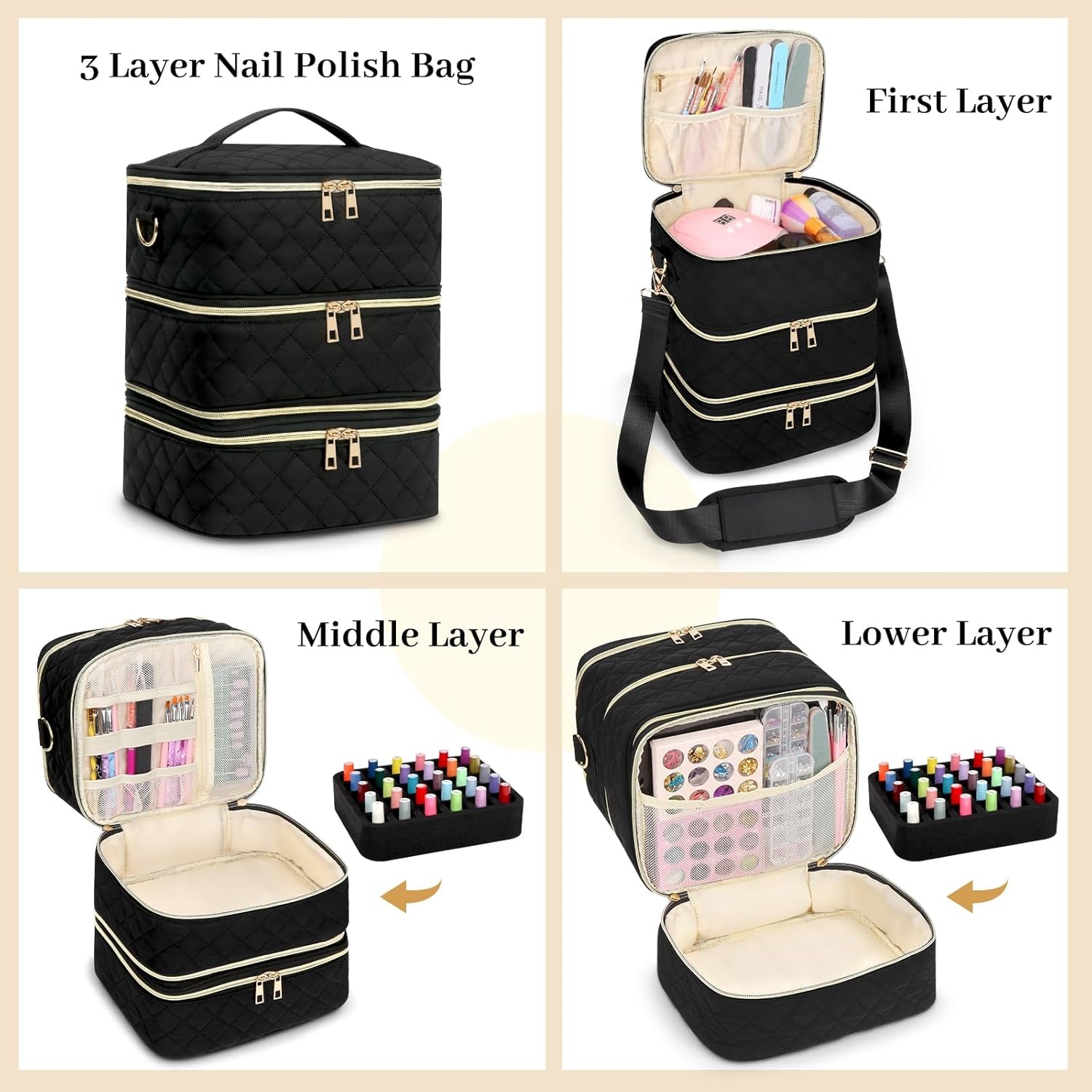 Nail Polish Organizer Case, 3 Layers Nail Polish Case with Dividers,Detachable Nail Polish Organizer Bag Holds 60 Nail Polish Bottles and a Nail Lamp,Nail Bag for Nail Tech Supplies