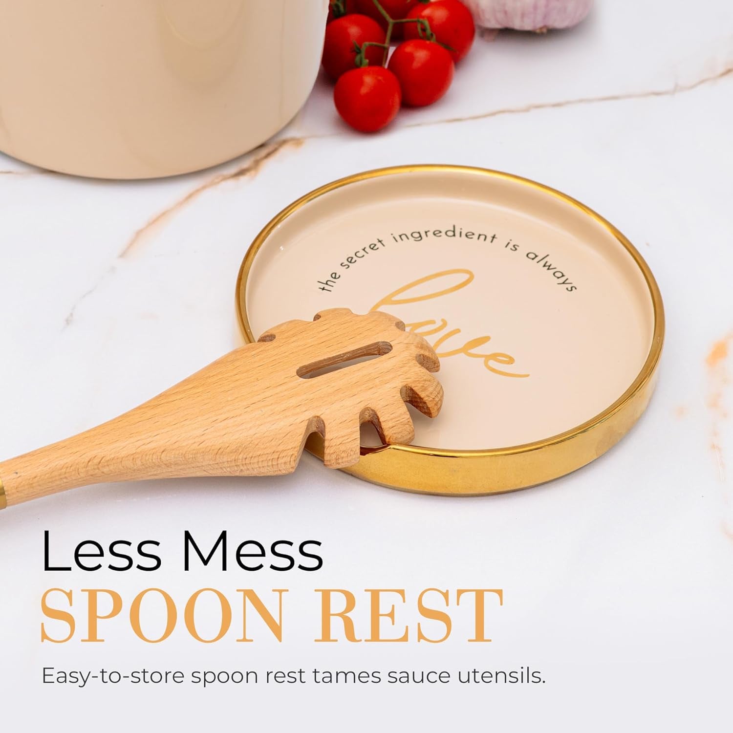 Beige Utensil Holder - Large Ceramic Utensil Crock for Kitchen Counter – Stylish Cooking Utensil Storage & Gold Spoon Rest – Kitchen Organization & Farmhouse Décor