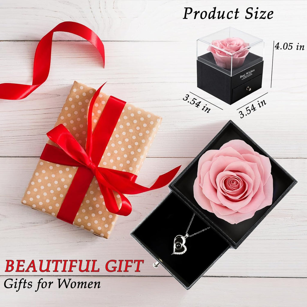 Birthday Gifts for Women,Christmas Flowers Gift for Women,Romantic Gift for Her,Preserved Real Rose with Necklace,Pink Fresh Rose in a Box,I Love You Gifts for Her