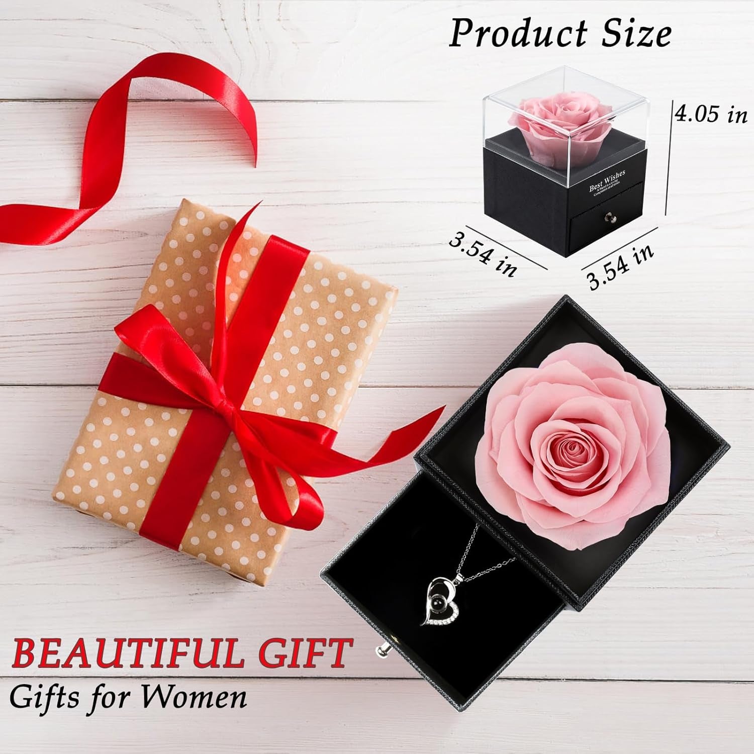 Birthday Gifts for Women,Christmas Flowers Gift for Women,Romantic Gift for Her,Preserved Real Rose with Necklace,Pink Fresh Rose in a Box,I Love You Gifts for Her