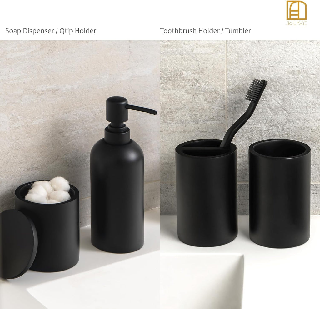 Bathroom Accessory Set - 4 Pcs Matte Black Bathroom Set with Toothbrush Holder, Soap Dispenser, Tumbler & Cotton Swab Jar - Bathroom Vanity Countertop Organizer, Bathroom Decor Sets
