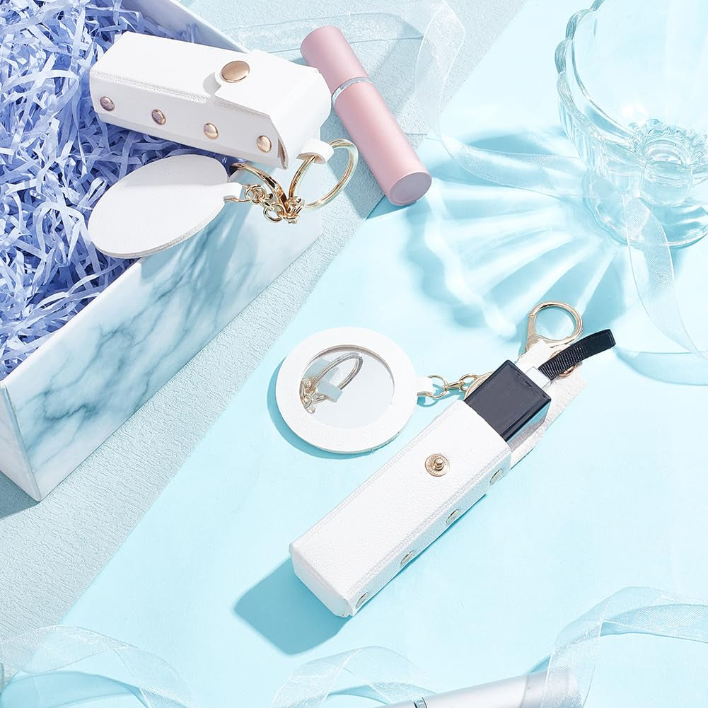 2Pcs PU Leather Lipstick Sleeves with round Mirror, Portable Lipstick Keychain Holder Snap-On Lip Balm Organizer Case Mini Travel Lipstick Cosmetics Holder for Women Ladies, White