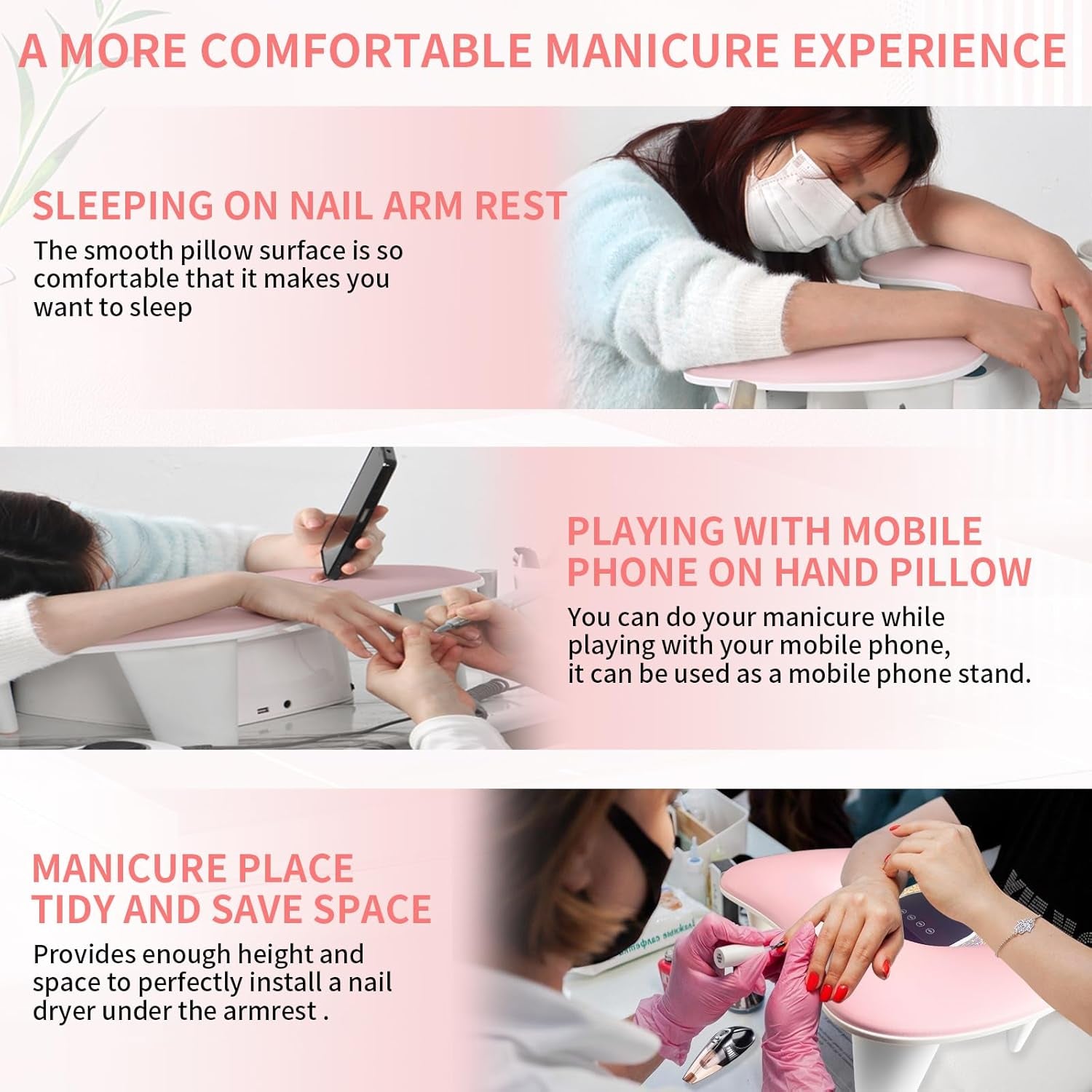 Arm Rest for Nails Tech,U Shaped Soft PU Leather Nail Arm Rest,Ergonomic Slope Angle Hand Rest for Nails Tech,Professional Salon Manicure Arm Rest Cushion., Pink