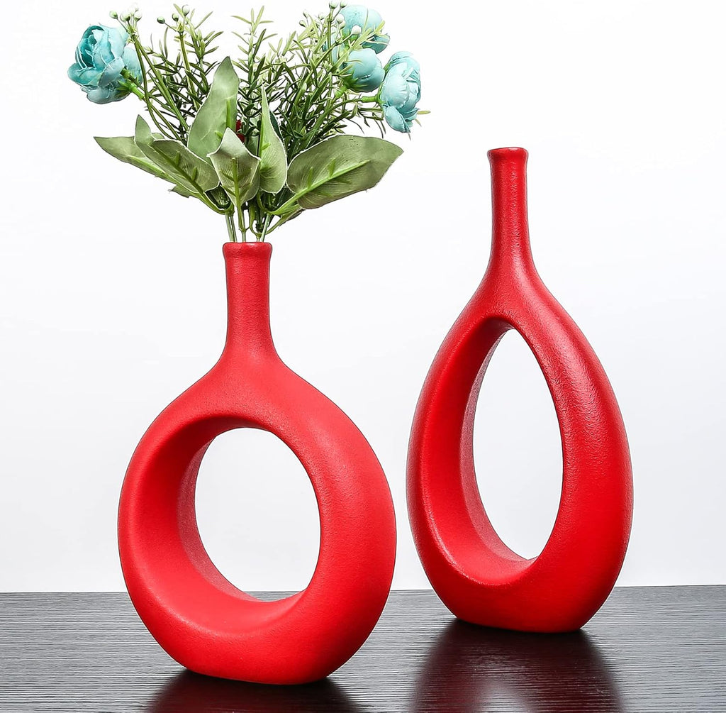 Samawi Red Ceramic Vase Set of 2 - Flower Bud Vases for Home Decor - Modern Living Room Table Decorative Vases