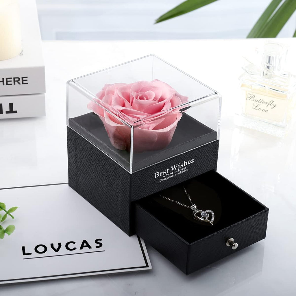 Birthday Gifts for Women,Christmas Flowers Gift for Women,Romantic Gift for Her,Preserved Real Rose with Necklace,Pink Fresh Rose in a Box,I Love You Gifts for Her