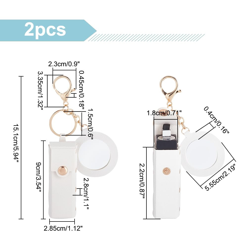 2Pcs PU Leather Lipstick Sleeves with round Mirror, Portable Lipstick Keychain Holder Snap-On Lip Balm Organizer Case Mini Travel Lipstick Cosmetics Holder for Women Ladies, White
