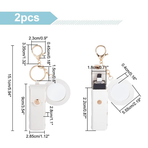 2Pcs PU Leather Lipstick Sleeves with round Mirror, Portable Lipstick Keychain Holder Snap-On Lip Balm Organizer Case Mini Travel Lipstick Cosmetics Holder for Women Ladies, White
