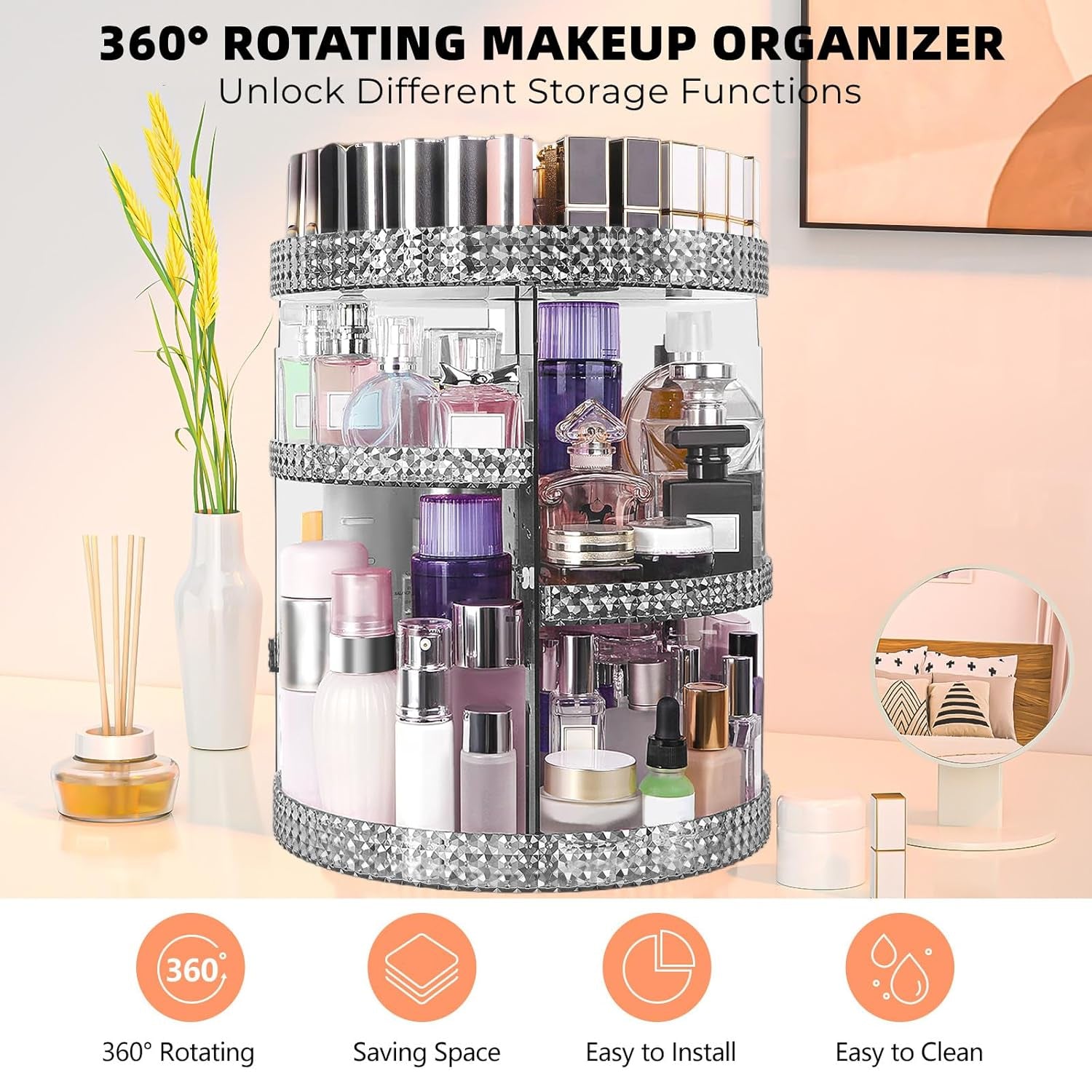 360 Degree Rotating Makeup Organizer, Extra Large Capacity Cosmetic Storage Unit, Removable DIY 7 Layers Skincare Organizer, Acrylic Beauty Perfume Organizer for Vanity Countertop (Gray)