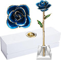 24K Gold Rose in Dipped,24K Gold Real Rose Gift for Her, Long Stem Rose Made from Real Gold Rose for Anniversary Valentines Mothers Day Birthday (Deep Blue with Crystal Vase)