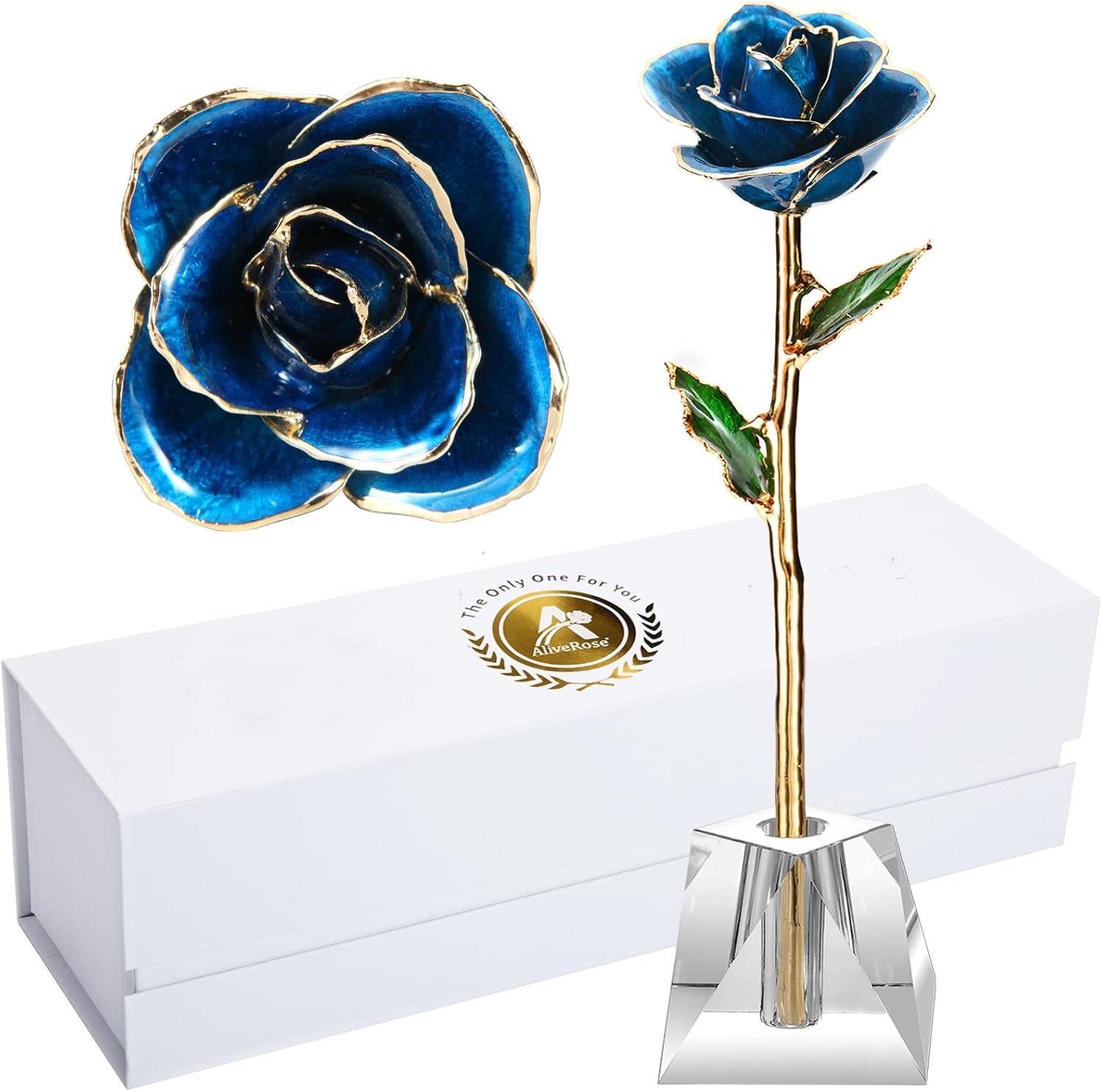 24K Gold Rose in Dipped,24K Gold Real Rose Gift for Her, Long Stem Rose Made from Real Gold Rose for Anniversary Valentines Mothers Day Birthday (Deep Blue with Crystal Vase)